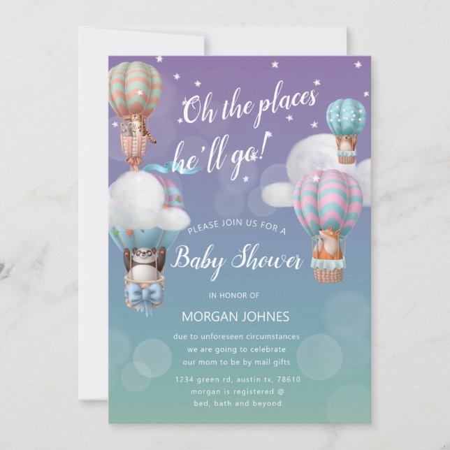 Carte baby shower d'animaux en ballon d'avion par courri (Devant)