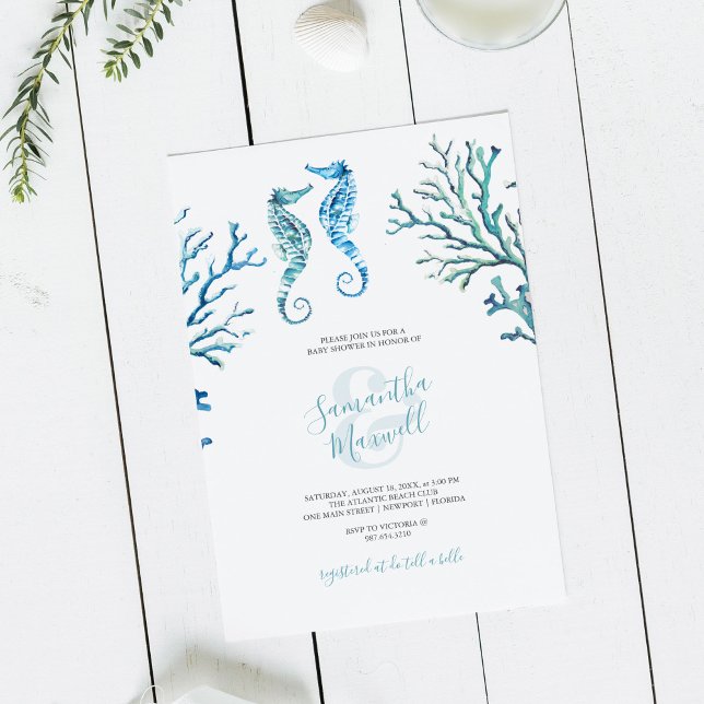 Carte Baby shower d'aquarelle bleu décontracté  Invitati (Baby shower invitation seahorse watercolor art by Victoria Grigaliunas)
