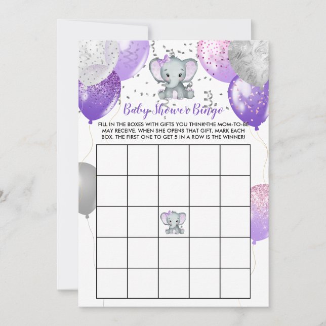 Carte Baby shower d'aquarelle d'éléphant violet Bingo (Devant)