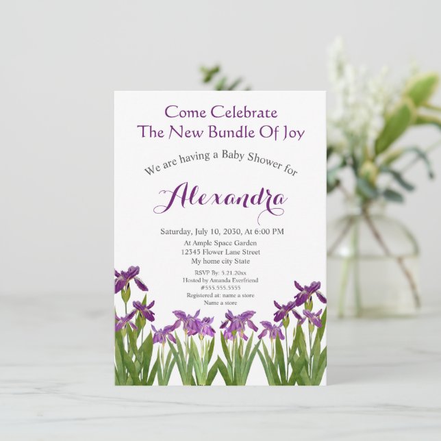 Carte Baby shower d'aquarelle Floral Iris personnalisé (Debout devant)