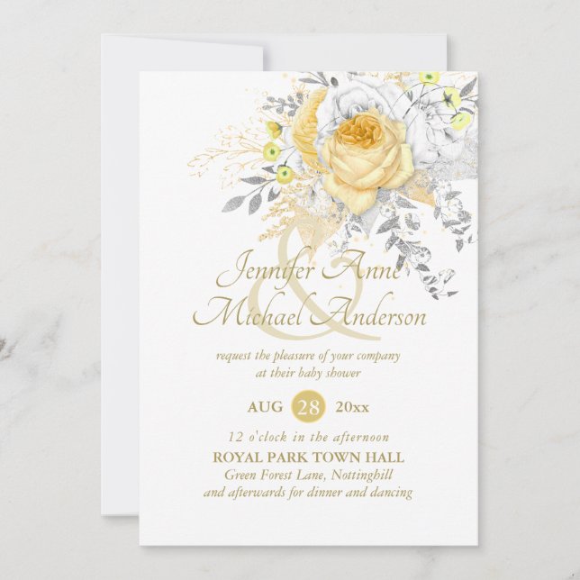 Carte Baby shower de bouquet Rose en or blanc (Devant)