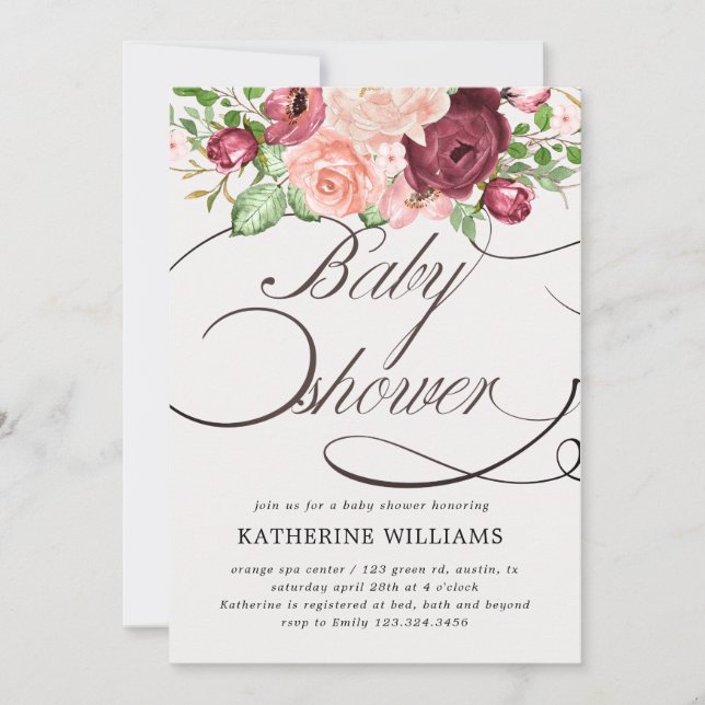 Carte baby shower de calligraphie florale (Devant)