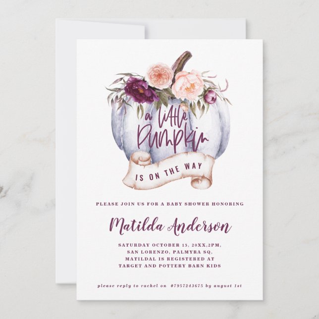 Carte Baby shower de chute d'aquarelle peu citrouille (Devant)