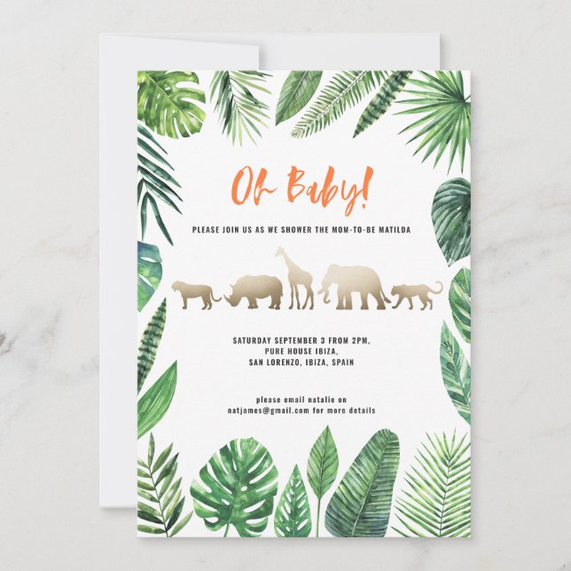 Carte Baby shower de feuillage tropical et d'animaux d'o (Devant)
