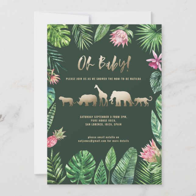 Carte Baby shower de feuillage tropical et d'animaux d'o (Devant)