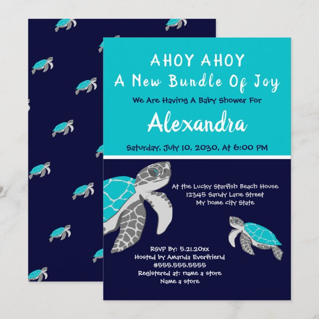 Carte Baby shower de garçon nautique bleu marine (Devant / Derrière)