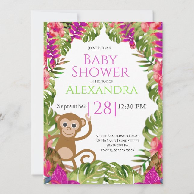 Carte Baby shower de la faune tropicale rose Toucan (Devant)