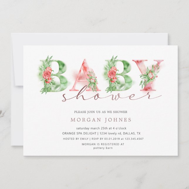 Carte Baby shower de script floral aquarelle (Devant)