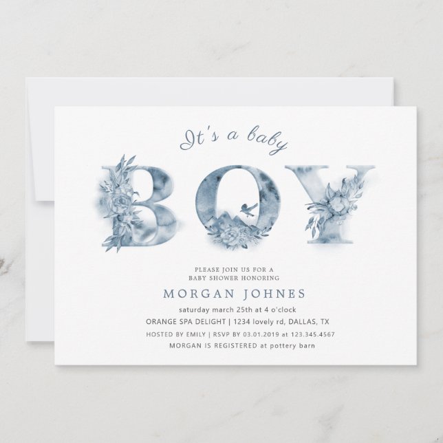 Carte baby shower de script floral bleu (Devant)