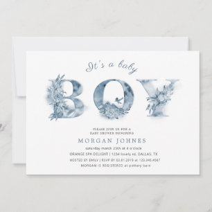 Carte baby shower de script floral bleu