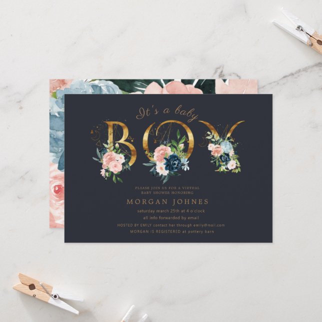 Carte baby shower d'écriture d'or floral de minuit (Devant/Arrière en situation)