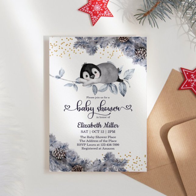Carte Baby shower d'hiver de Pingouin endormi (Créateur téléchargé)