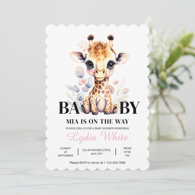 Carte Baby shower fille Baby shower Giraffe ÉDITABLE (Debout devant)
