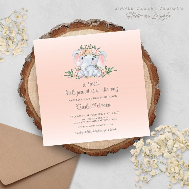 Carte Baby Shower Fille Éléphant Floral Moderne (Cute Modern Blush Pink Baby Shower Invitation with Elephant and Floral Greenery)