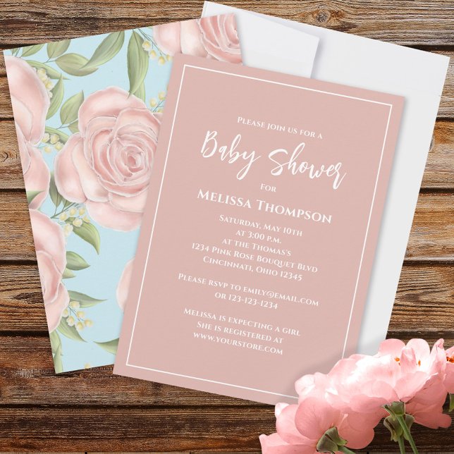 Carte Baby shower Fille Rose Floral Personnalisé (Créateur téléchargé)