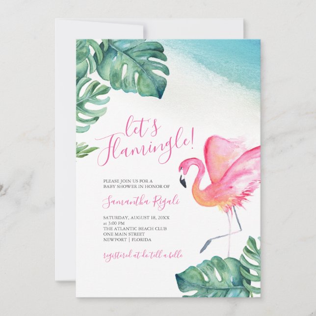 Carte Baby shower Flamant rose Feuille tropical (Devant)