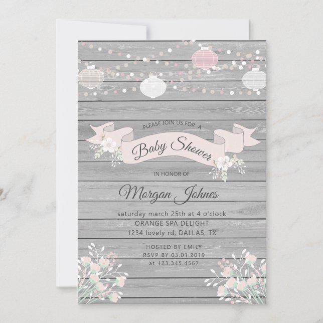 Carte Baby shower floral en bois gris rustique Invitatio (Devant)