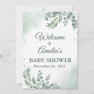 Carte Baby shower Floral Vert Sage Affiche de bienvenue 