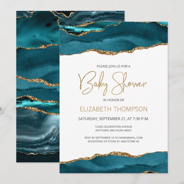Carte Baby shower Géode d'âge Turquoise Blue Gold (Devant / Derrière)