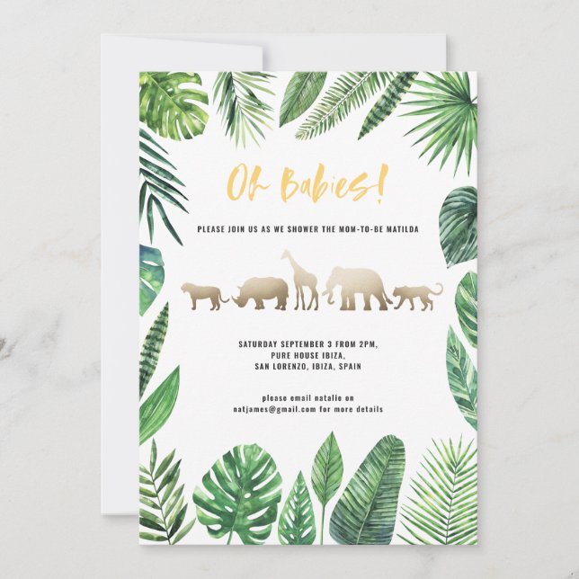 Carte Baby shower jumeau feuillage tropical et animaux d (Devant)
