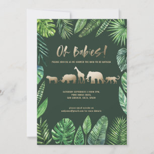 Carte Baby shower jumeau feuillage tropical et animaux d