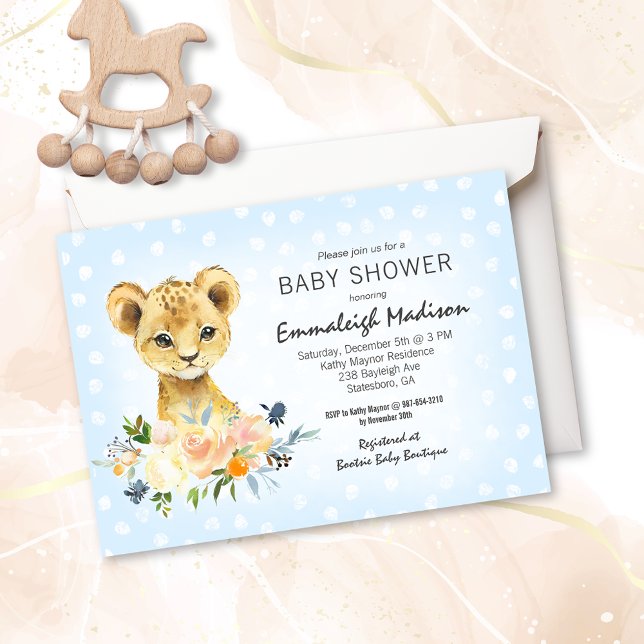 Carte Baby shower Lion Cub Floral Bleu (Créateur téléchargé)