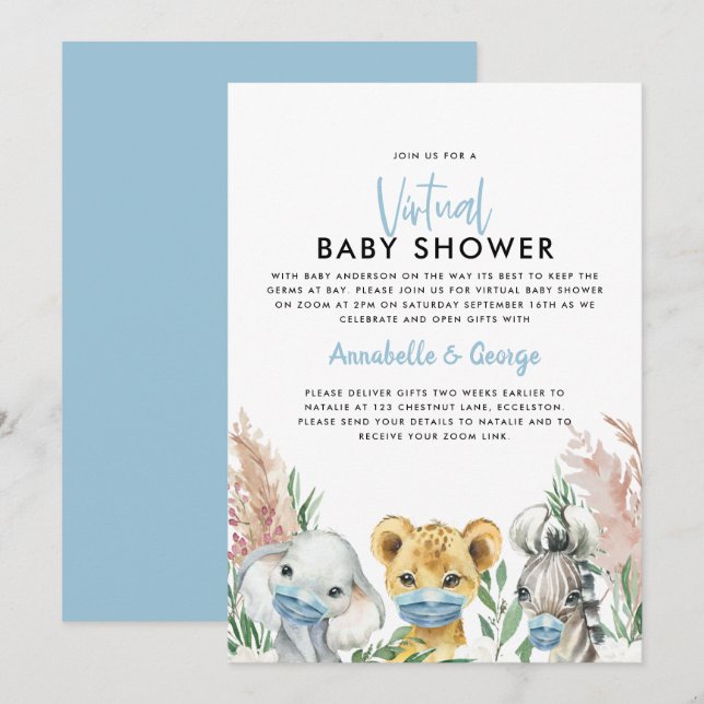 Carte Baby shower mignon par mail animal covid masque (Devant / Derrière)