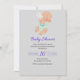 Carte Baby shower moderne gris avec bébé garçon