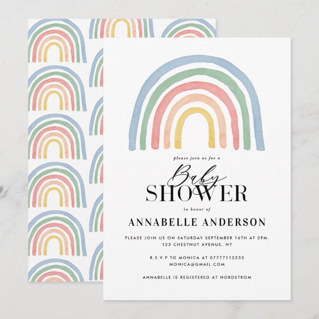 Carte Baby shower moderne imperméable arc-en-ciel élégan (Devant / Derrière)