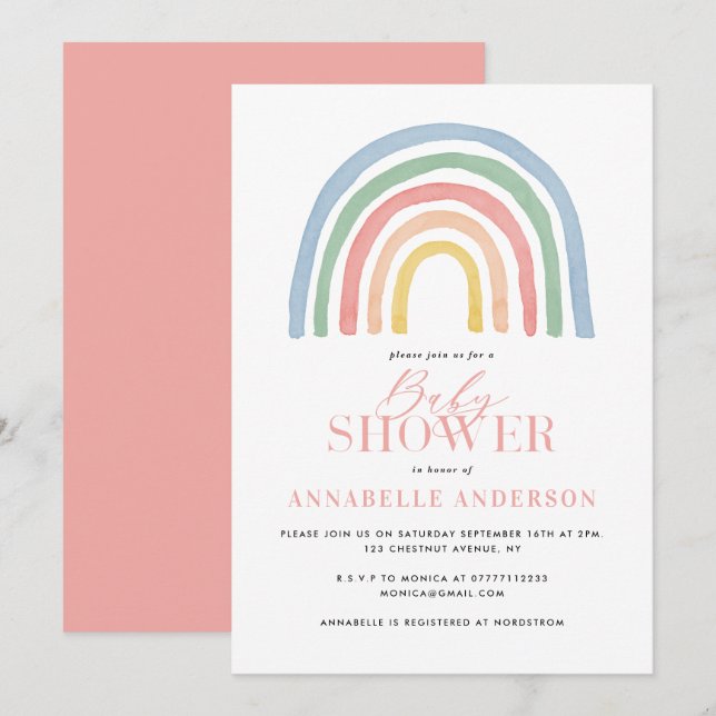 Carte Baby shower moderne imperméable arc-en-ciel élégan (Devant / Derrière)