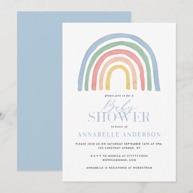 Carte Baby shower moderne imperméable arc-en-ciel élégan (Devant / Derrière)
