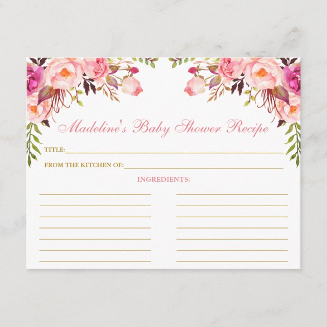 Carte baby shower Rose Blush Floral Gold Recette (Devant)