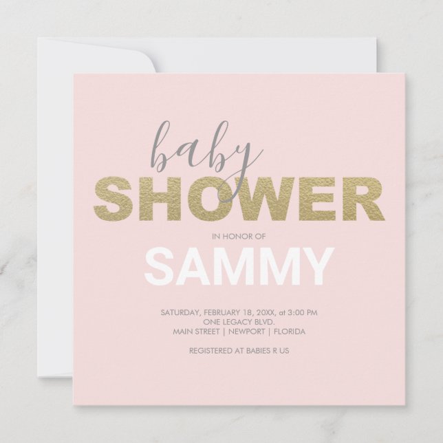 Carte Baby shower rose et or Faux (Devant)