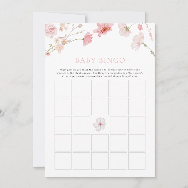 Carte Baby shower rose Floral Jeu Bingo Bébé Jeu (Devant)