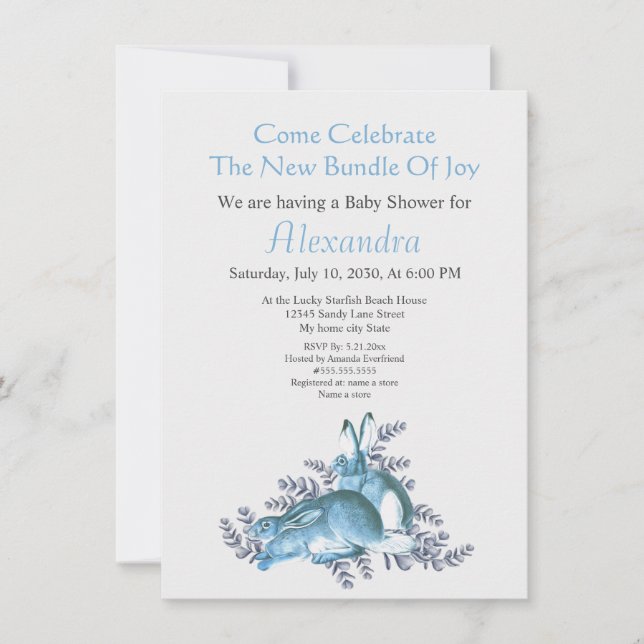 Carte Baby shower Stylish Blue Bunny Rabbit Aquarelle (Devant)