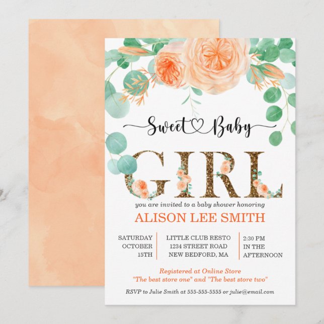 Carte Baby shower turquoise et orange pour filles (Devant / Derrière)