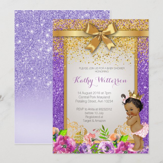 Carte Baby shower violet afro-américaine (Devant / Derrière)