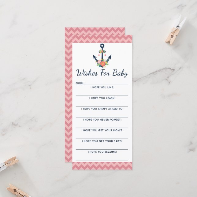 Carte Baby shower Wish Game Nautique Floral Ancre (Devant/Arrière en situation)