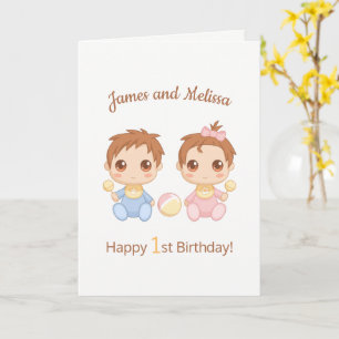 Carte Baby Twins Garçon Fille Premier Anniversaire Blanc