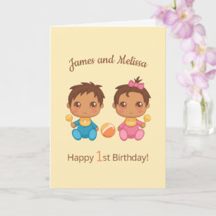 Carte Baby Twins Garçon Girl Premier anniversaire Jaune 