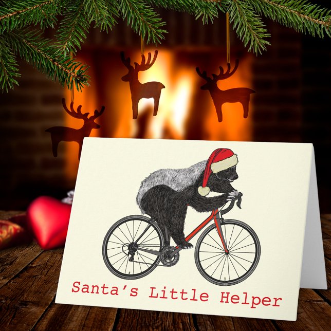 Carte Badger de miel Cycling Funny Badass Festive Citati (Christmas honey badger riding a bicycle Santa’s little helper quote funny holiday greetings card)