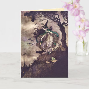 Carte Balai de sorcière vintage Chat Art nouveau