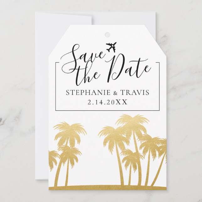 Carte Balise de bagage de palme doré de mariage de plage (Devant)