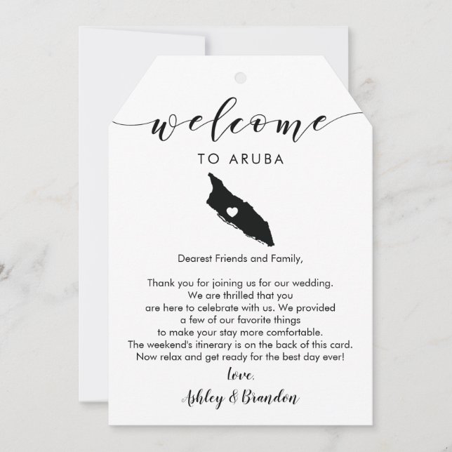Carte Balise de bienvenue du Mariage Aruba, lettre Itiné (Devant)