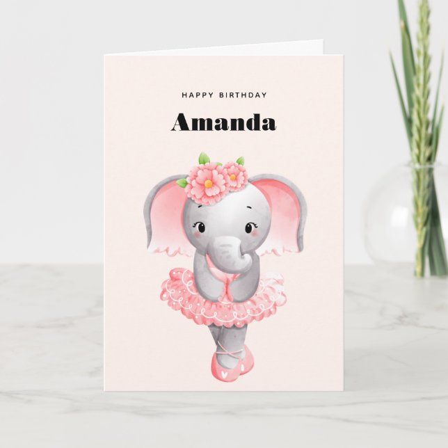 Carte Ballerina Eléphant Cute Rose & Grey Anniversaire (Devant)