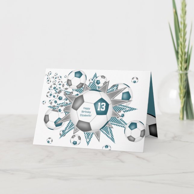Carte ballon de football exploser filles gris turquoise  (Devant)