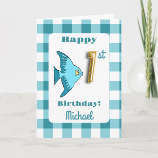 Carte Ballon en feuille d'or en vichy sarcelle Poisson 1
