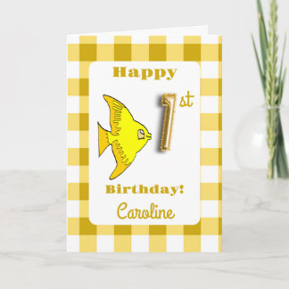 Carte Ballon en feuille d'or Gingham jaune Poisson 1er A