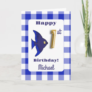 Carte Ballon en forme de poisson bleu à motif gingham et