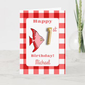 Carte Ballon en forme de poisson rouge en gingham avec f
